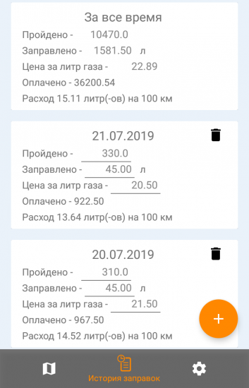 Общий итог пробега и расхода на газу