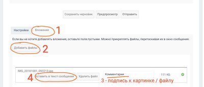 Добавление файла или картинки в текст сообщения